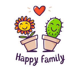 Vector color illustration of cartoon floral family. Lovely happy flower and cactus with red heart and text on white background.