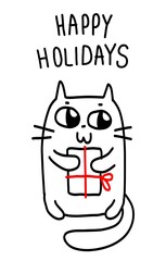 Vector monochrome illustration of cartoon fat cat with a present