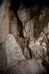 Under the ground. Beautiful view of stalactites and stalagmites in an underground cavern - Uhlovica cave, Bulgaria, Europe