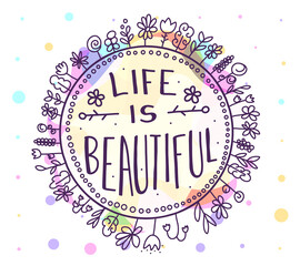 Vector color illustration of beautiful floral wreath with many simple flower and text. Lovely message in circle frame on white background.