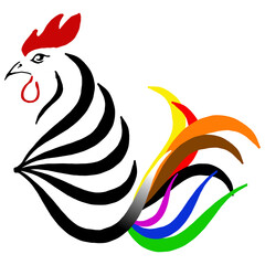 Hand drawn cock. Vector illustration of a beautiful colored cock. Funny cock, symbol of the year in the Chinese calendar.