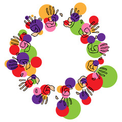 Pattern from the prints of the palms. Vector illustration of palm prints. Background of color prints of hands. Hand drawn doodle colored palms prints on the Indian holiday Holi.