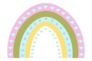 Rainbow. Ethnic motives. Boho style.Colorful vector illustration. Isolated white background. Rainbow print. A bright natural phenomenon. Multicolored stripes with fancy ornaments. Pastel tone.