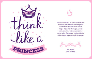 Vector card template with pink watercolor thin handwritten lettering with crown and text on white background.