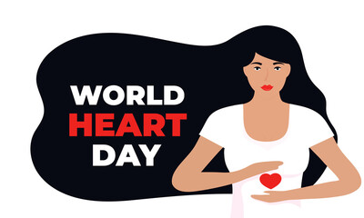 World Heart Day illustration for love and support concept, health care awareness with girl holds heart shape