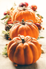 Pumpkins composition on rustic background, autumn and halloween concept