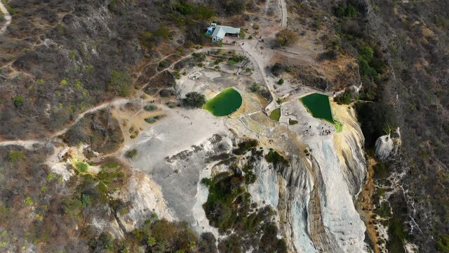Aerial view of a petrified waterfall in Hierve El Agua, Oaxaca, Mexico.