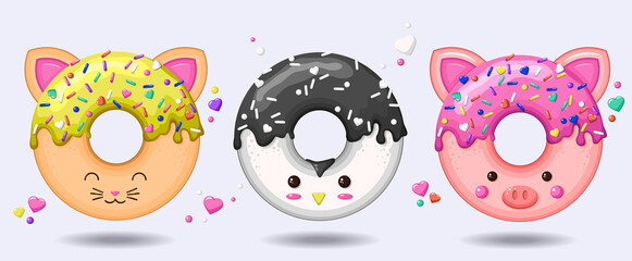 Glazed cute doughnut animals set. Isolated donuts with glaze and bite, eaten chocolate icing fritters or caramel circle doughnuts © Shoda