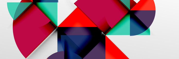 Bright color circles, abstract round shapes and triangles composition with shadow effects. Vector modern geometric design template