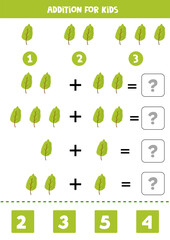 Addition with cute green leaves. Game for kids.