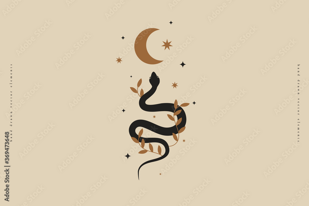 Aufkleber mystical composition with a wriggling snake, crescent moon, stars on a light background. boho style 