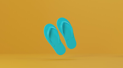 Blue Rubber slippers isolated on yellow background. travel concept. minimal style with copy space. 3d rendering.