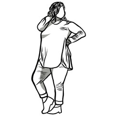 Body positive concept.Woman plus size.Confident obese women on over white background.Line drawing of cartoon character with illustration in flat design.