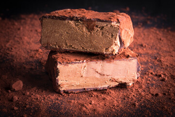 cocoa pave photographed in the studio, with cocoa powder decorating the photograph. On a black background, ideal for backgrounds, advertising and decoration of spaces.