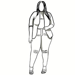 Body positive concept.Woman plus size.Confident obese women on over white background.Line drawing of cartoon character with illustration in flat design.