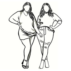 Body positive concept.Woman plus size.Confident obese women on over white background.Line drawing of cartoon character with illustration in flat design.