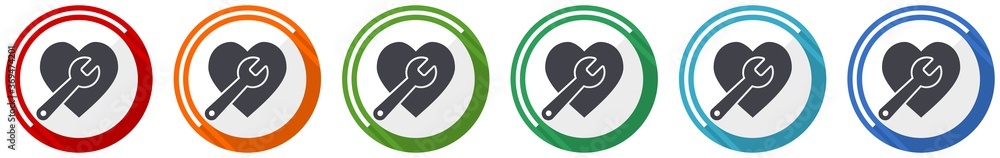 Poster wrench and heart icon set, flat design vector illustration in 6 colors options for webdesign and mob