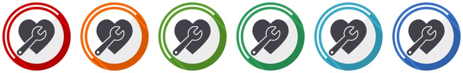 Wrench and heart icon set, flat design vector illustration in 6 colors options for webdesign and mobile applications