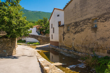 Naklejka premium The small Pasji Rep stream running past historic buildings in the centre of Podnanos, a village in the upper Vipava Valley in the Municipality of Vipava in the Primorska region of Slovenia 