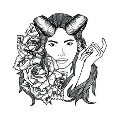 Fototapeta premium tattoo and t-shirt design black and white hand drawn devil girl and rose premium vector