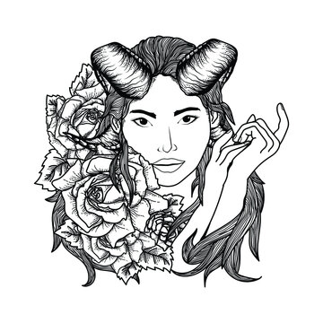 tattoo and t-shirt design black and white hand drawn devil girl and rose premium vector