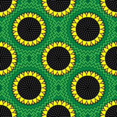seamless sunflower pattern on a green background. Vector image