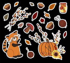 Vector autumn set of stickers. Umbrella and falling leaves. Autumn leaves. Children's print for textiles and clothing. Product design