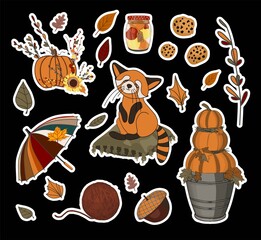 Vector autumn set of stickers. Umbrella and falling leaves. Autumn leaves. Children's print for textiles and clothing. Product design.