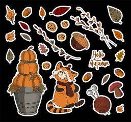 Vector autumn set of stickers. PUMPKINS AND BRANCHES. Autumn leaves. Children's print for textiles and clothing. Product design