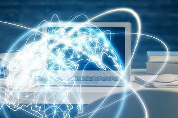Multi exposure of business theme icons and table with computer background. Concept of success.