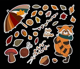 Vector autumn stickers. PUMPKINS AND BRANCHES. Autumn leaves. Children's print for textiles and clothing. Product design