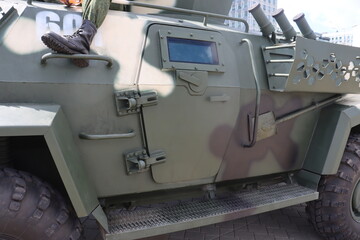 military black boot of soldier on paratrooper vehicle