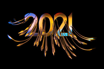 Happiness for the New Year 2021 lettering made by metal cast and lit by blue and orange light. The surface is covered with sharp spikes Isolated on black background 3d illustration Selective focus
