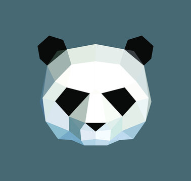 Vector polygonal drawing of a panda head on a blue background in low-poly style illustration