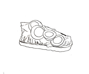 Black-and-white drawing, a sandwich with avocado and egg. For printing, coloring, and other types of design.