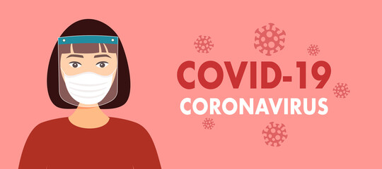 Chinese woman with face mask and a plastic medical face shield. Close up shot Asian lady wearing virus protection equipment. COVID-19 Coronavirus epidemic outbreak concept.
