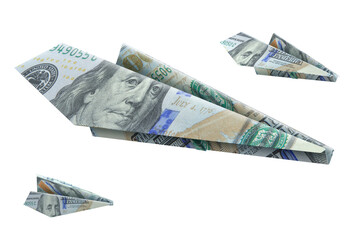 100 US dollars banknote airplane origami isolated, white background. Paper airplanes made from one hundred american dollars. Money transfer market, transportation, tourism, traveling business concept