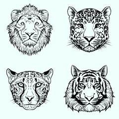 artwork illustration black and white hand drawn big wild cat bundle set premium vector