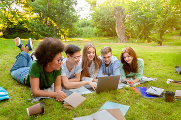 Learning Concept. Group of students preparing for exam in park with laptop