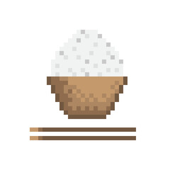 rice bowl cartoon. Pixel art rice in a wooden cup.