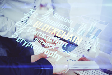 Businessman with hands background. Crypto currency concept.