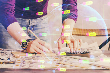 Obraz premium Man hands with data theme double exposure icons.