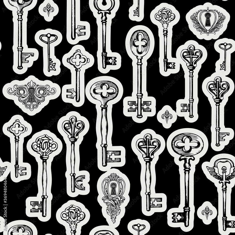 Poster black and white seamless pattern with vintage hand-drawn keys and keyholes in retro style. repeatabl