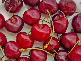  Close-up sweet cherry. Ripe red berries macro photography. Selective focus
