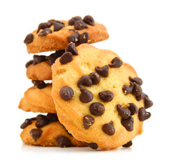 Chocolate chip cookies isolated on white background.