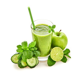 Spinach, apple, cucumber, fruit green smoothie in glass. Detox diet concept. Basil, mint, fruit vegan smoothie isolated on white. Greens homemade vegetarian smoothie cocktail