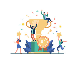 Fototapeta Team of happy employees winning award and celebrating success. Business people enjoying victory, getting gold cup trophy. Vector illustration for reward, prize, champions concepts obraz