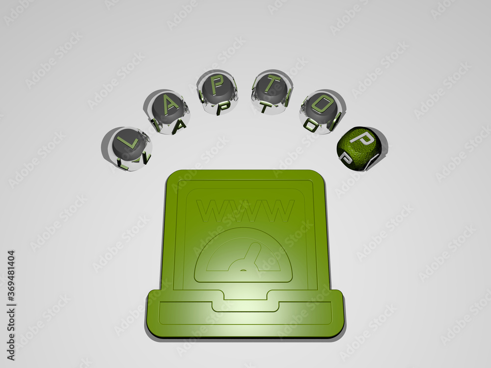 Poster 3d graphical image of laptop vertically along with text built around the icon by metallic cubic lett