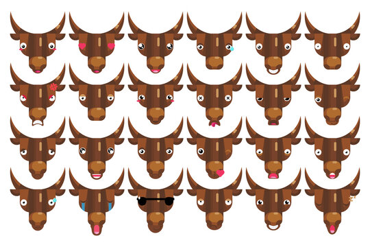 Emoji Set, Bull Faces, Happy Smiling Cows Head Signs Isolated Emotion