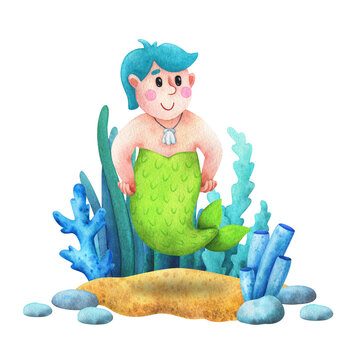 recommend clip art: The guy is a mermaid with blue hair. Composition with watercolor illustrations in cartoon style. Children's print. Stock image on a white background.